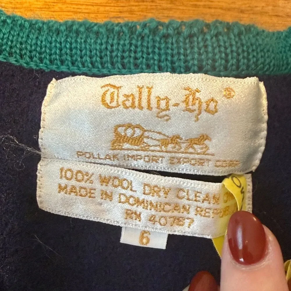 Vintage Tally-Ho 100% Wool Cardigan Sweater in navy blue with green trim